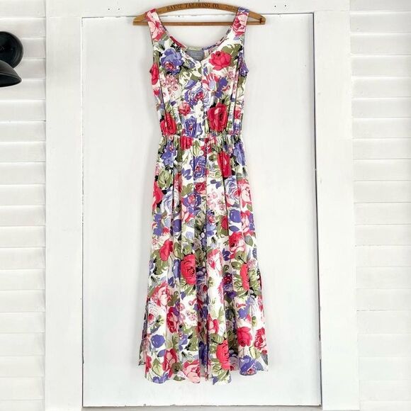 Vintage Dresses & Skirts - 90s Vintage Carol Anderson Floral Cotton Garden Cottage Dress 2 XS Womens 0 4